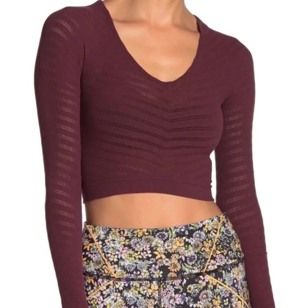 Free People Movement Gone Adrift Long Sleeve Shirt Red Crop Top Lounge Yoga XS